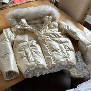 Abercrombie & Fitch Kids Cream Puffer Jacket with Faux Fur Trim
